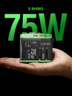 Adaptador de viagem Mfish E-RHINO (75 W, 5 em 1, GaN, cabo retrátil integrado)