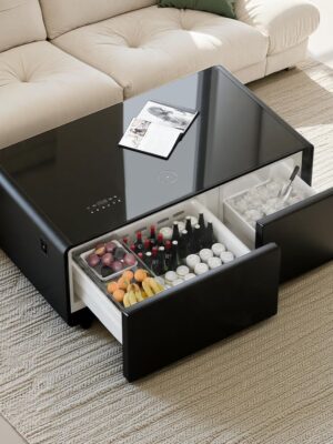 Mesa de centro inteligente com frigobar embutido e carregamento sem fio.